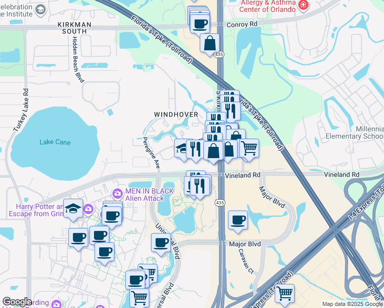 map of restaurants, bars, coffee shops, grocery stores, and more near 5890 Windhover Drive in Orlando