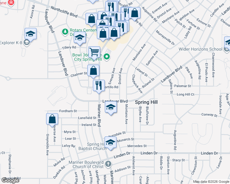 map of restaurants, bars, coffee shops, grocery stores, and more near 3386 Everett Avenue in Spring Hill