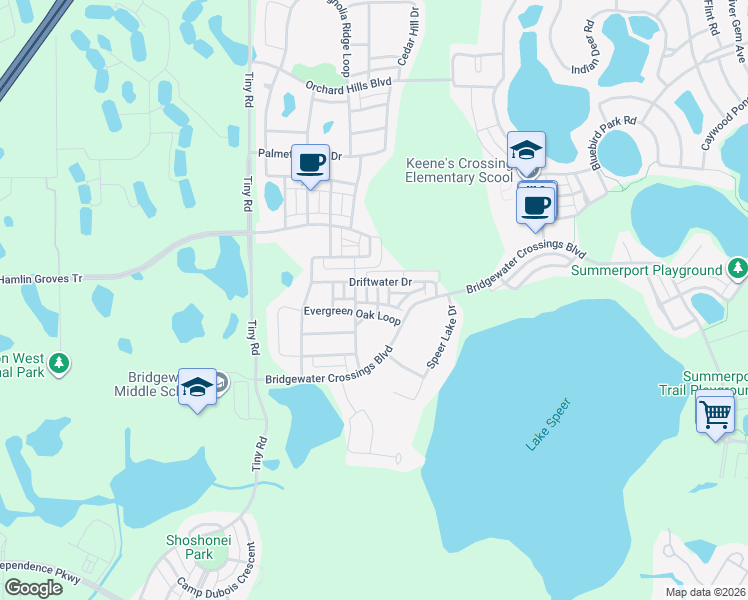 map of restaurants, bars, coffee shops, grocery stores, and more near 5601 Water Rose Road in Winter Garden