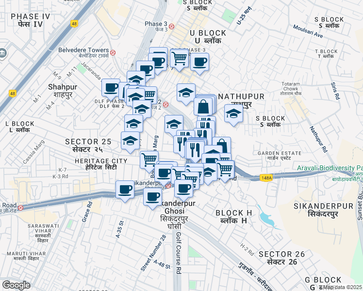 map of restaurants, bars, coffee shops, grocery stores, and more near Block Q DLF City Phase 2 Road in Gurugram