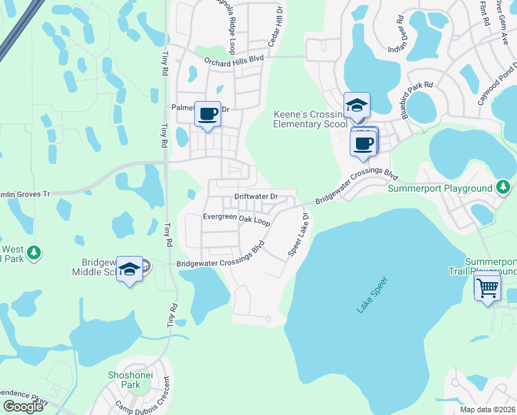 map of restaurants, bars, coffee shops, grocery stores, and more near 5601 Water Rose Road in Winter Garden