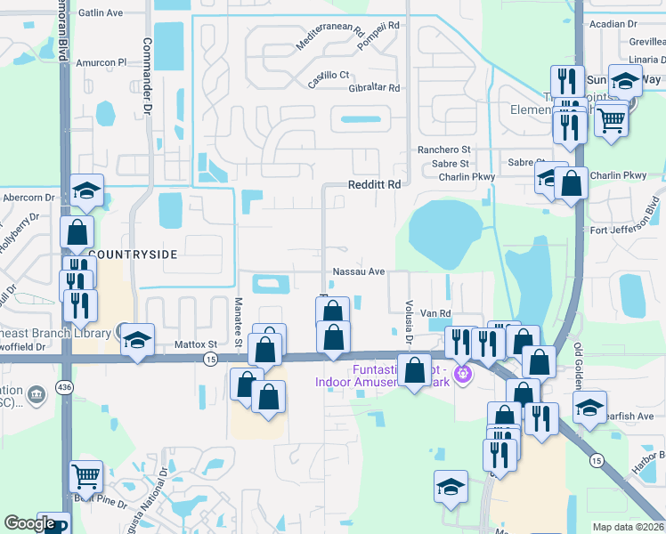 map of restaurants, bars, coffee shops, grocery stores, and more near 3803 Redditt Road in Orlando