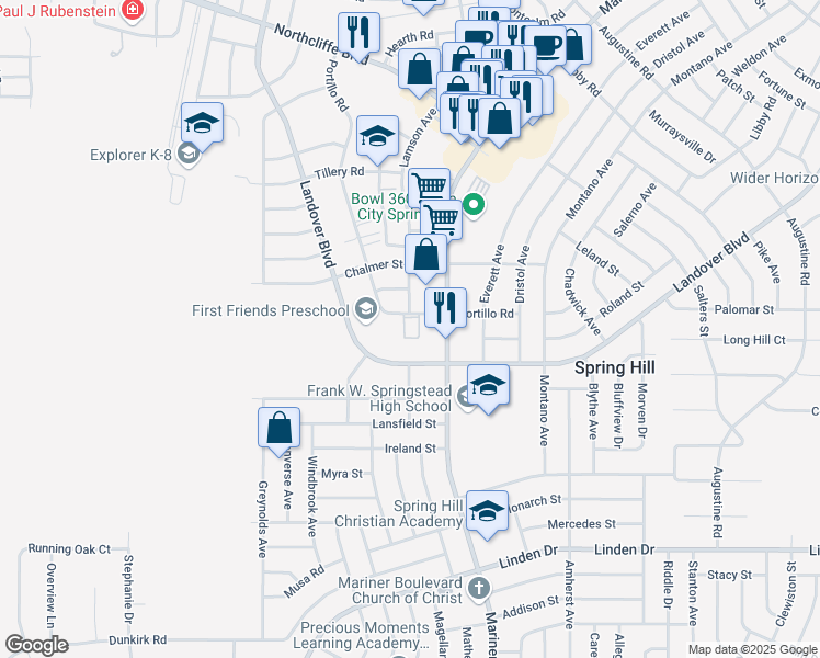 map of restaurants, bars, coffee shops, grocery stores, and more near 3535 Portillo Road in Spring Hill