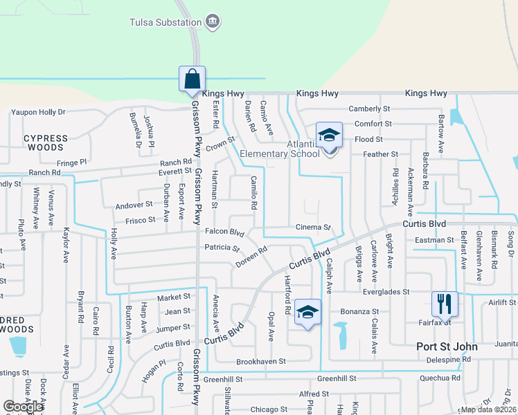 map of restaurants, bars, coffee shops, grocery stores, and more near 7165 Camilo Road in Cocoa