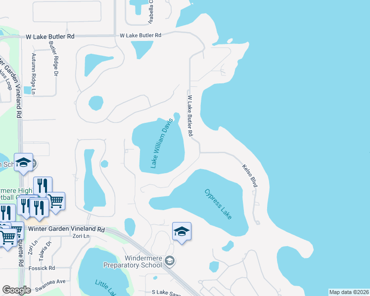 map of restaurants, bars, coffee shops, grocery stores, and more near 5526 West Lake Butler Road in Windermere