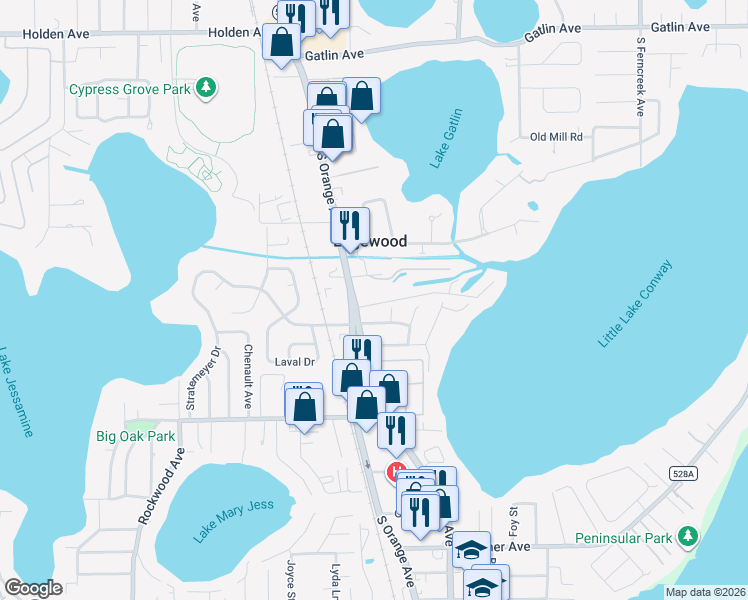 map of restaurants, bars, coffee shops, grocery stores, and more near 335 Mandalay Road in Orlando