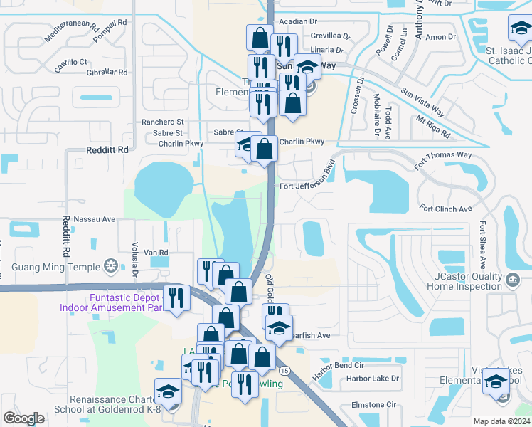 map of restaurants, bars, coffee shops, grocery stores, and more near 7513 Fort William Court in Orlando
