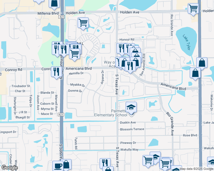 map of restaurants, bars, coffee shops, grocery stores, and more near 5404 Limelight Circle in Orlando
