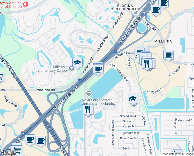 map of restaurants, bars, coffee shops, grocery stores, and more near 4700 Millenia Boulevard in Orlando
