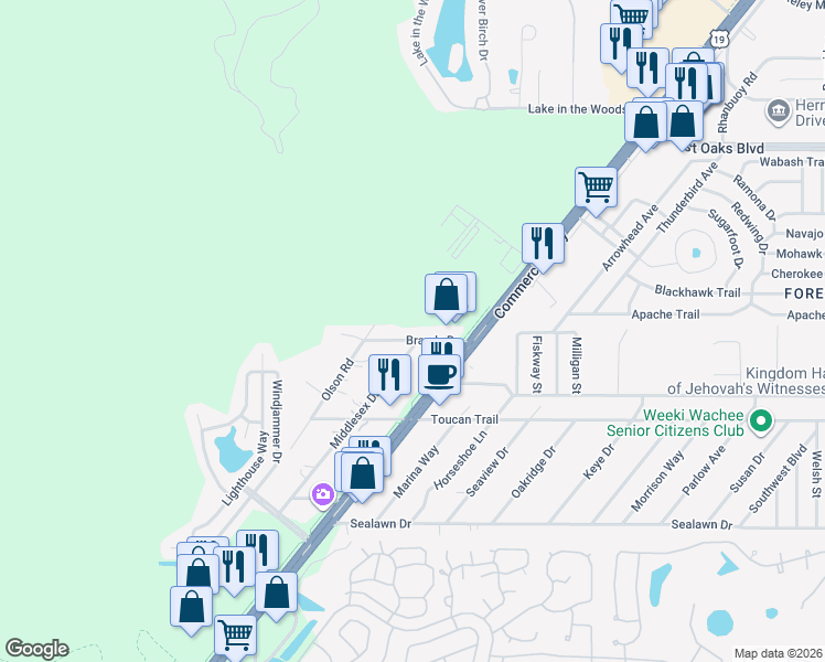 map of restaurants, bars, coffee shops, grocery stores, and more near 6447 Brandy Drive in Spring Hill