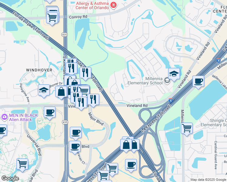 map of restaurants, bars, coffee shops, grocery stores, and more near 5029 Southlawn Avenue in Orlando