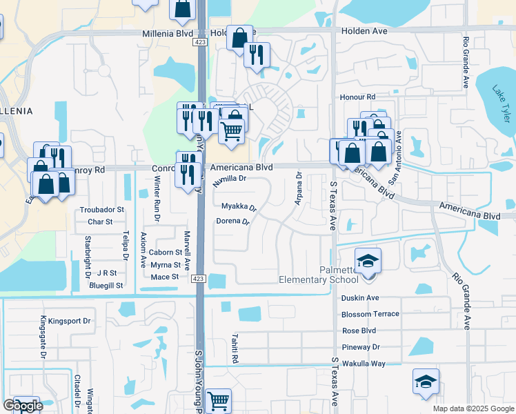 map of restaurants, bars, coffee shops, grocery stores, and more near 2614 Ocilla Court in Orlando