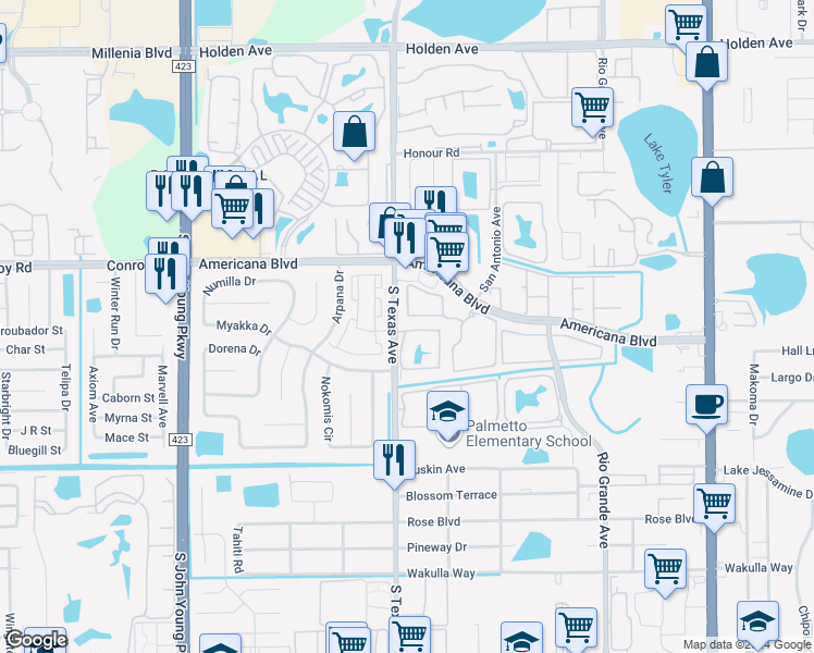 map of restaurants, bars, coffee shops, grocery stores, and more near 2251 Trail Blazer Boulevard in Orlando