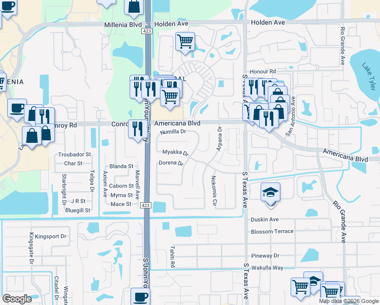 map of restaurants, bars, coffee shops, grocery stores, and more near 2614 Ocilla Court in Orlando
