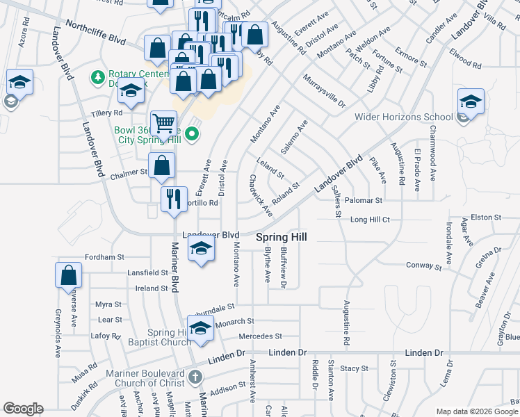 map of restaurants, bars, coffee shops, grocery stores, and more near 11144 Paco Street in Spring Hill