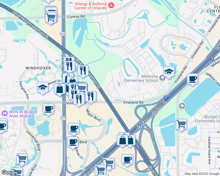 map of restaurants, bars, coffee shops, grocery stores, and more near 5475 Vineland Road in Orlando