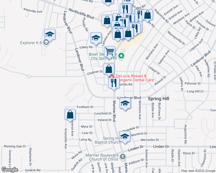 map of restaurants, bars, coffee shops, grocery stores, and more near 3535 Portillo Road in Spring Hill