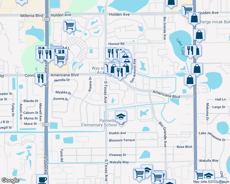 map of restaurants, bars, coffee shops, grocery stores, and more near 2251 Trail Blazer Boulevard in Orlando