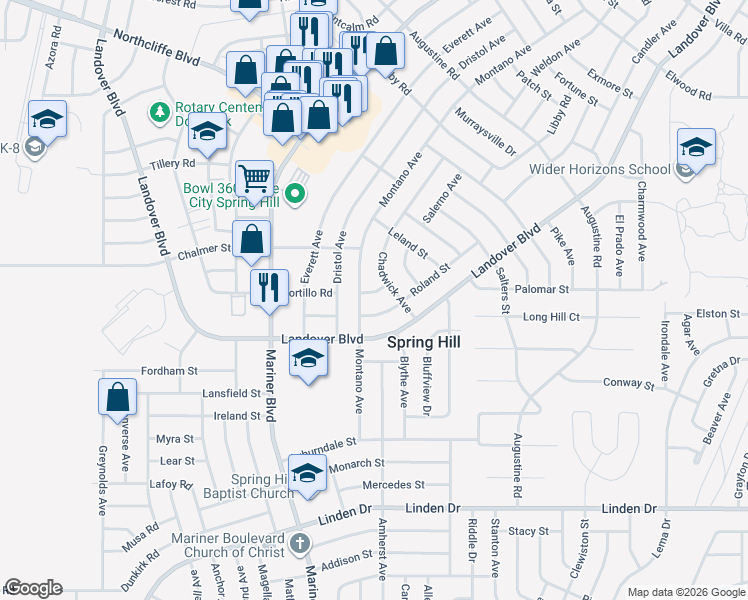 map of restaurants, bars, coffee shops, grocery stores, and more near 11144 Paco Street in Spring Hill
