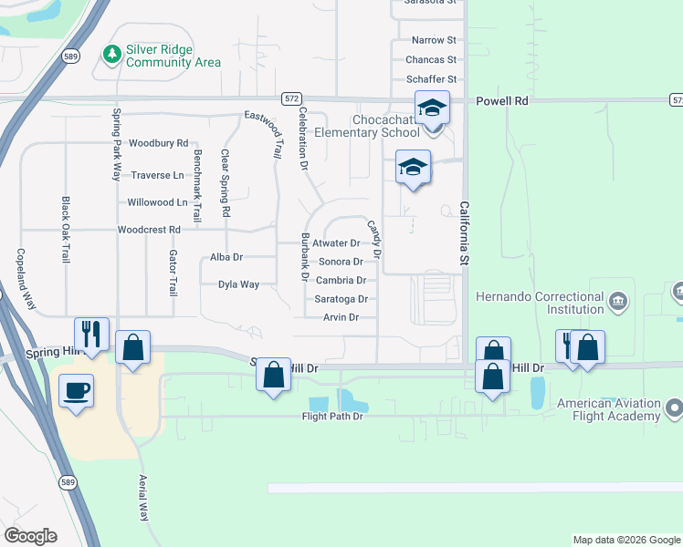 map of restaurants, bars, coffee shops, grocery stores, and more near 15455 Cambria Drive in Brooksville