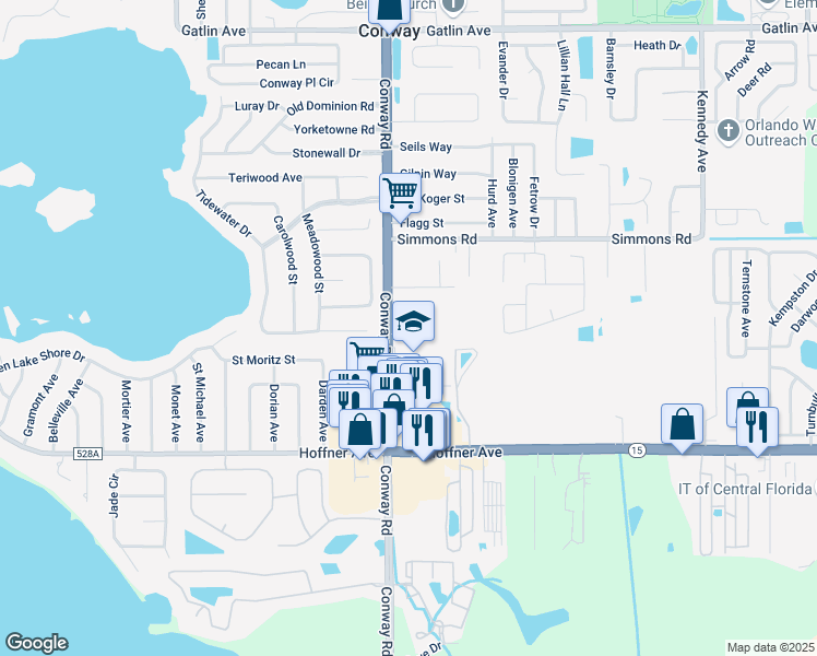 map of restaurants, bars, coffee shops, grocery stores, and more near 4433 Treasure Oaks Lane in Orlando