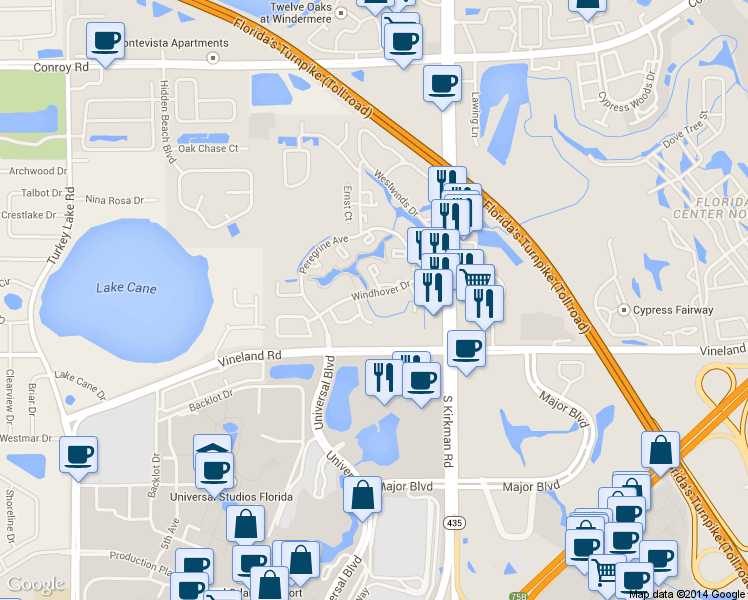 map of restaurants, bars, coffee shops, grocery stores, and more near 5890 Windhover Drive in Orlando