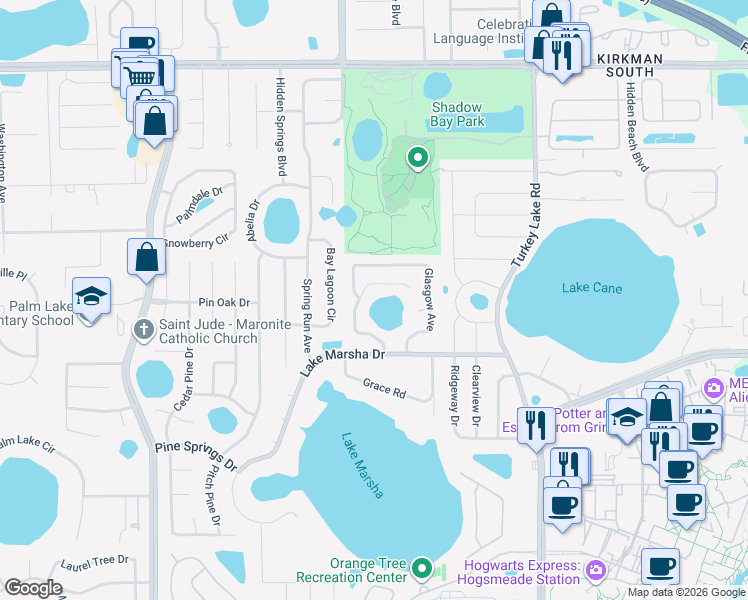 map of restaurants, bars, coffee shops, grocery stores, and more near 7264 Lake Floy Circle in Orlando