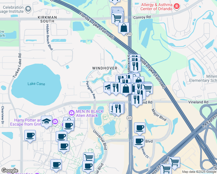 map of restaurants, bars, coffee shops, grocery stores, and more near 5890 Windhover Drive in Orlando