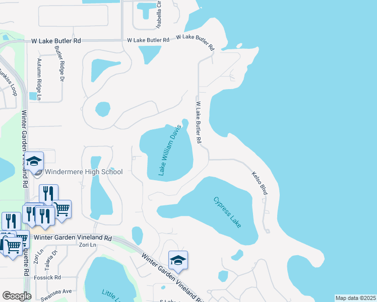 map of restaurants, bars, coffee shops, grocery stores, and more near 5526 West Lake Butler Road in Windermere