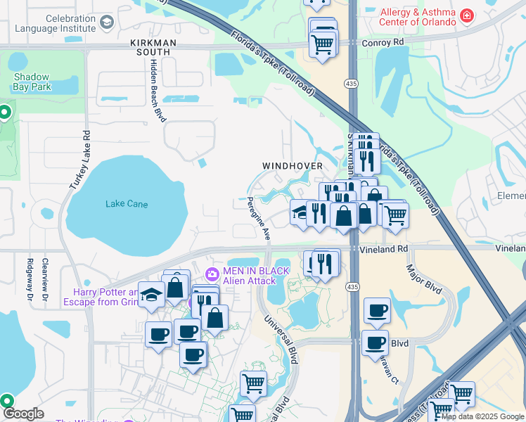 map of restaurants, bars, coffee shops, grocery stores, and more near 6174 Peregrine Avenue in Orlando