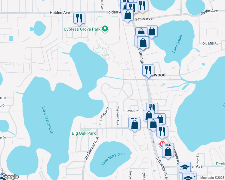 map of restaurants, bars, coffee shops, grocery stores, and more near 5108 Avignon Court in Orlando