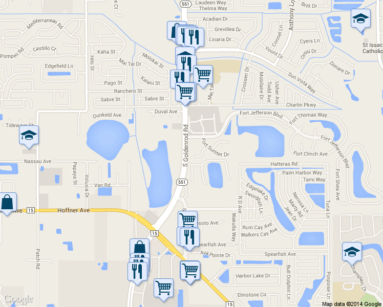 map of restaurants, bars, coffee shops, grocery stores, and more near 7513 Fort William Court in Orlando