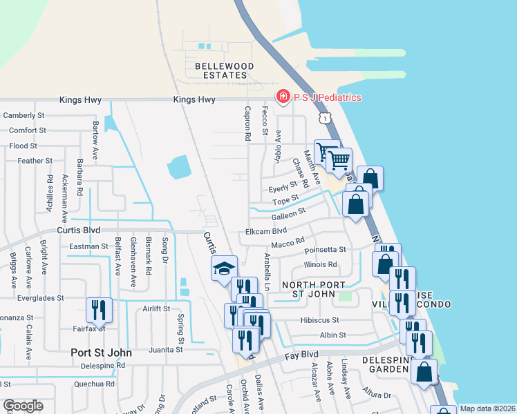 map of restaurants, bars, coffee shops, grocery stores, and more near 905 Tope Street in Port Saint John