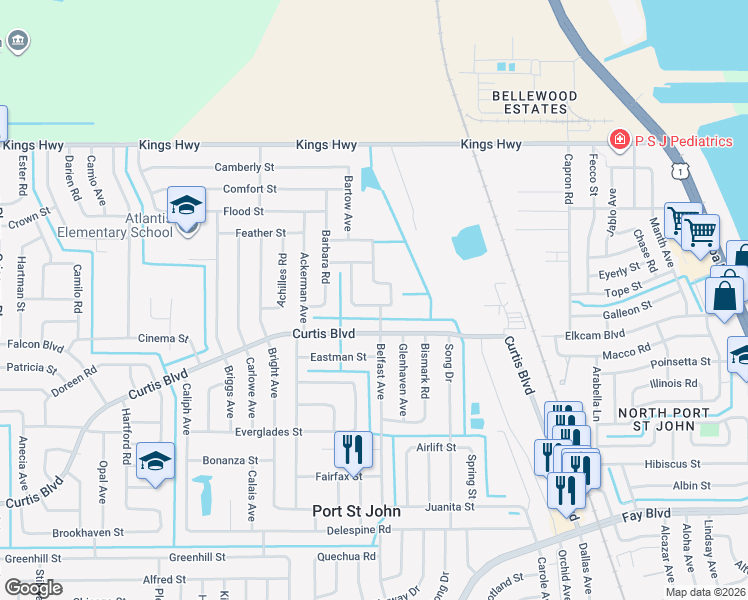 map of restaurants, bars, coffee shops, grocery stores, and more near 4250 Aledo Street in Cocoa
