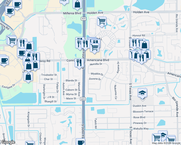map of restaurants, bars, coffee shops, grocery stores, and more near 2775 Numilla Drive in Orlando