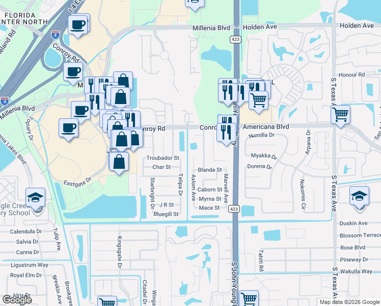 map of restaurants, bars, coffee shops, grocery stores, and more near 5418 Axiom Avenue in Orlando