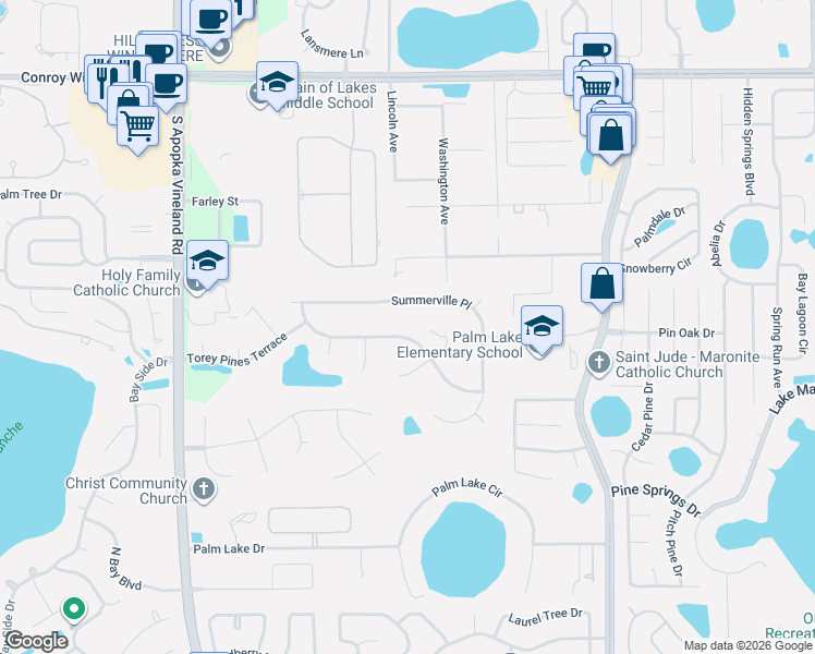 map of restaurants, bars, coffee shops, grocery stores, and more near 5219 Timberview Terrace in Orlando