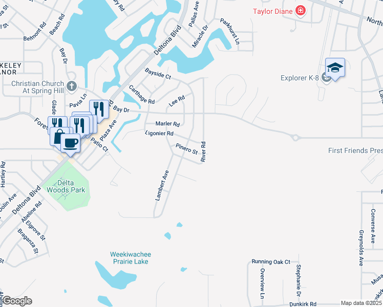 map of restaurants, bars, coffee shops, grocery stores, and more near 9356 Pinero Street in Spring Hill