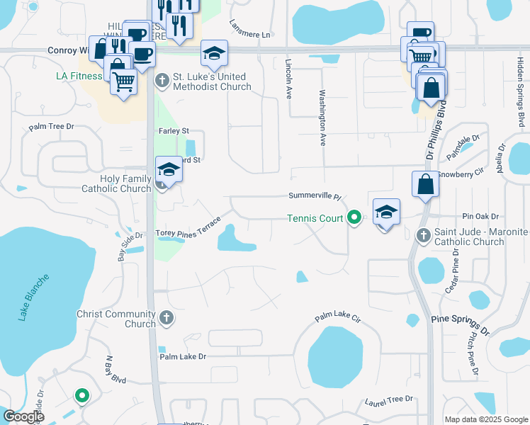 map of restaurants, bars, coffee shops, grocery stores, and more near 5157 Timberview Terrace in Orlando