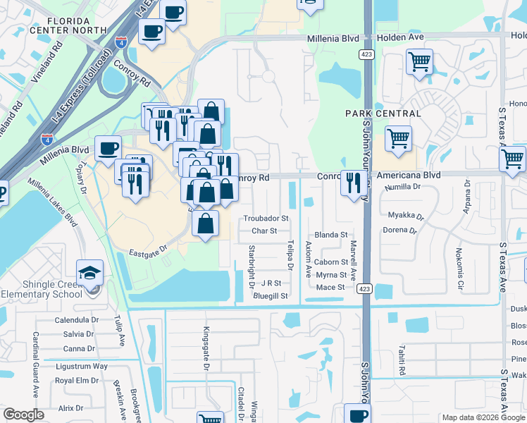 map of restaurants, bars, coffee shops, grocery stores, and more near 2604 Brim Court in Orlando