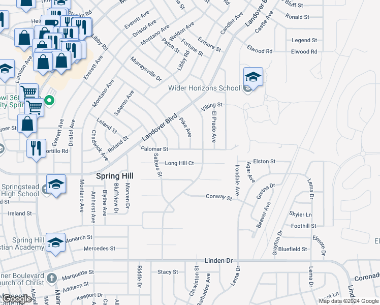 map of restaurants, bars, coffee shops, grocery stores, and more near 11422 Palomar Street in Spring Hill