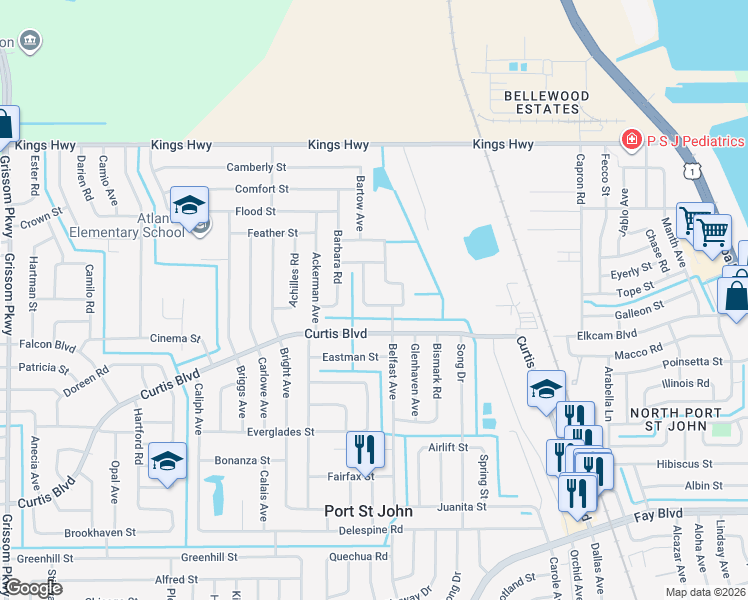 map of restaurants, bars, coffee shops, grocery stores, and more near 4250 Aledo St in Cocoa
