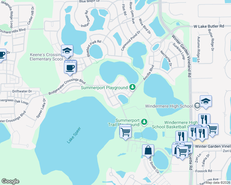 map of restaurants, bars, coffee shops, grocery stores, and more near 14191 Ancilla Boulevard in Windermere
