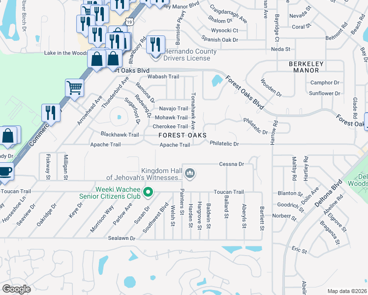 map of restaurants, bars, coffee shops, grocery stores, and more near 7492 Apache Trail in Spring Hill