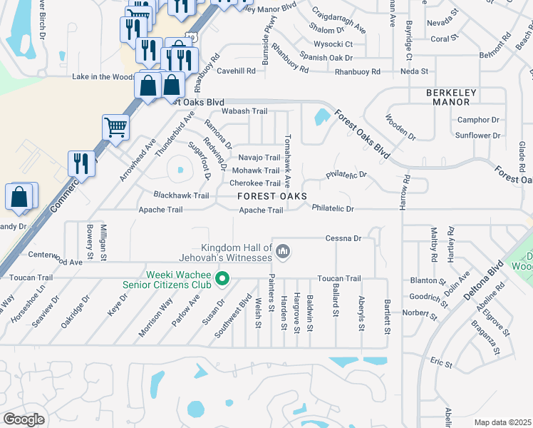 map of restaurants, bars, coffee shops, grocery stores, and more near 7478 Apache Trail in Spring Hill