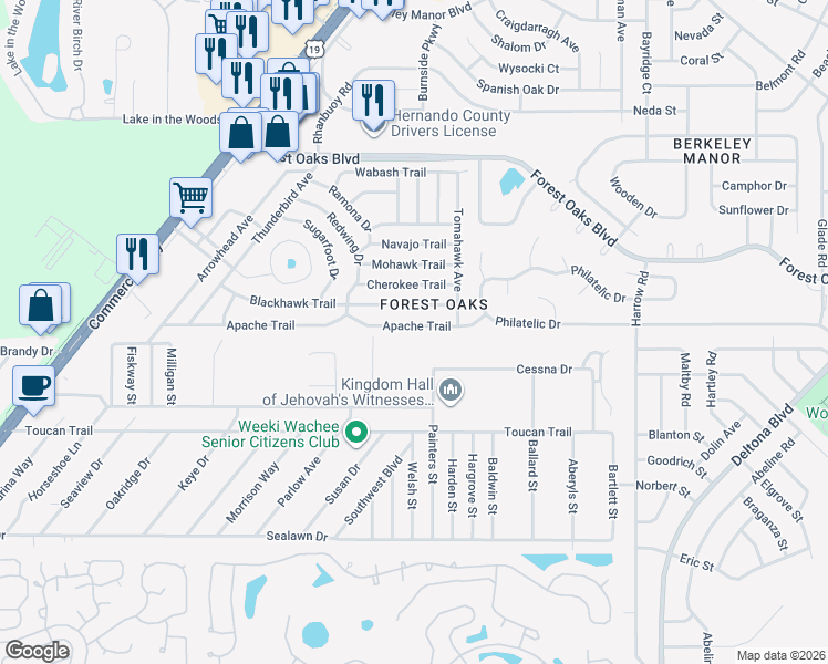 map of restaurants, bars, coffee shops, grocery stores, and more near 7442 Apache Trail in Spring Hill