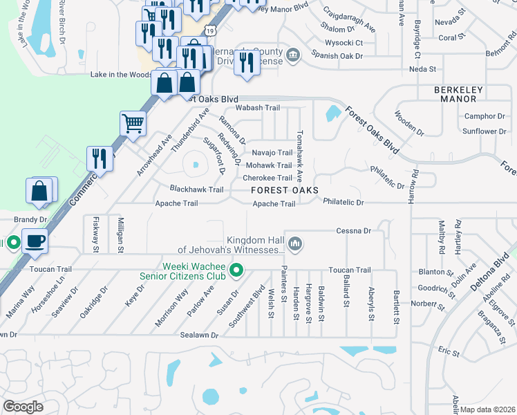 map of restaurants, bars, coffee shops, grocery stores, and more near 7442 Apache Trail in Spring Hill