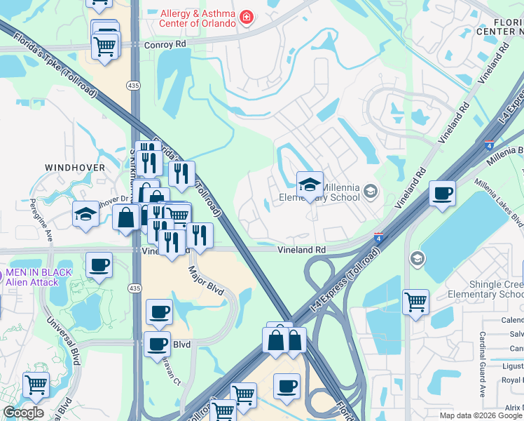 map of restaurants, bars, coffee shops, grocery stores, and more near 5029 Southlawn Avenue in Orlando