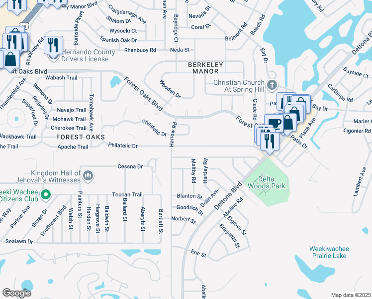 map of restaurants, bars, coffee shops, grocery stores, and more near 8164 Philatelic Drive in Spring Hill