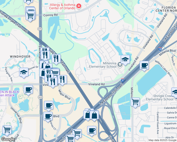 map of restaurants, bars, coffee shops, grocery stores, and more near 4999 Southlawn Avenue in Orlando